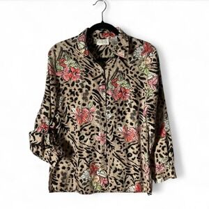 Studio Works‎ Womens Linen Shirt Leopard Floral Tropical Preppy Button Down S
